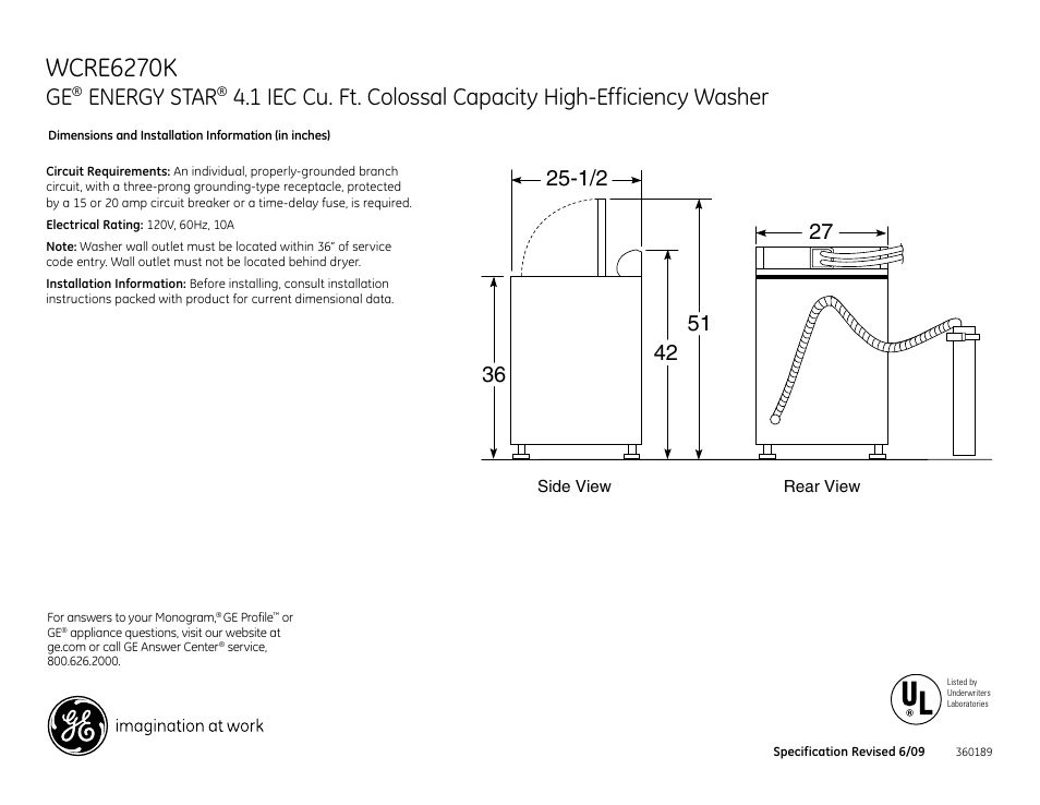 GE Energy Star WCRE6270KWW User Manual | 2 pages