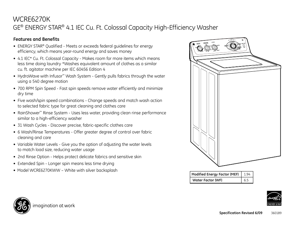 Wcre6270k, Energy star | GE Energy Star WCRE6270KWW User Manual | Page 2 / 2