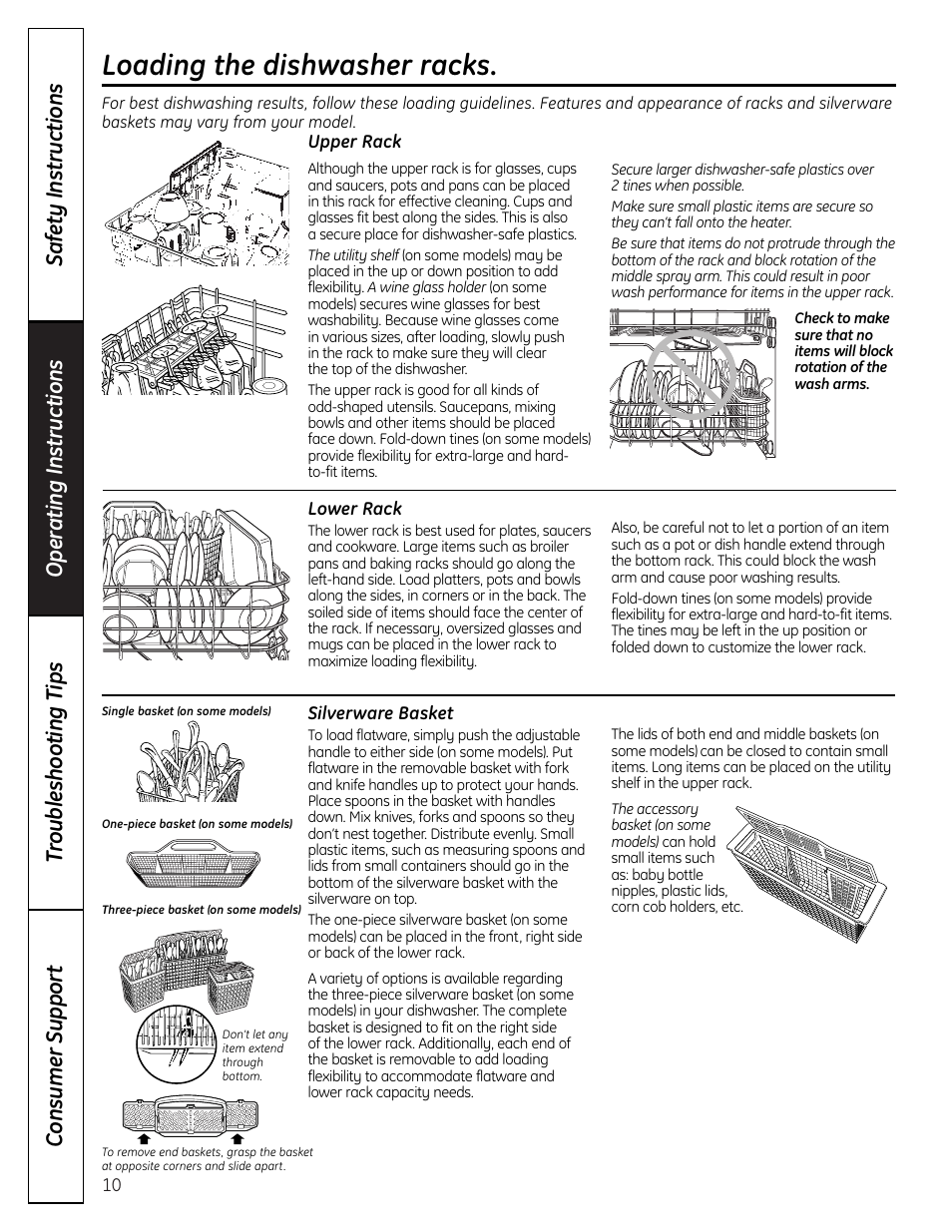 Loading the racks, Loading the dishwasher racks | GE EDW6000 Series User Manual | Page 10 / 16