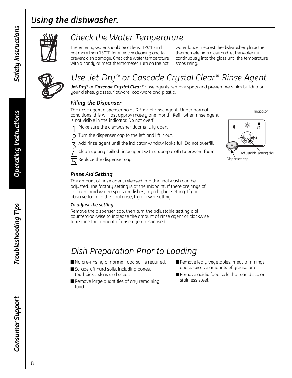 Using the dishwasher, Using the dishwasher , 9, Dish preparation prior to loading | Or cascade crystal clear, Rinse agent | GE EDW6000 Series User Manual | Page 8 / 16