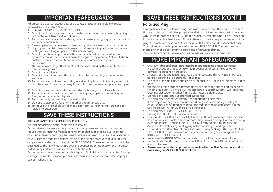 Save these instructions important safeguards, Save these instructions (cont.), More important safeguards | GE 681131690638 User Manual | Page 2 / 5