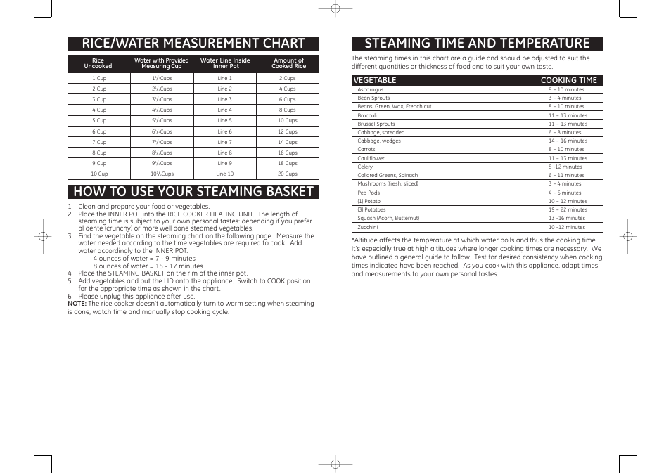 Steaming time and temperature, How to use your steaming basket, Rice/water measurement chart | Vegetable cooking time | GE 681131690638 User Manual | Page 4 / 5