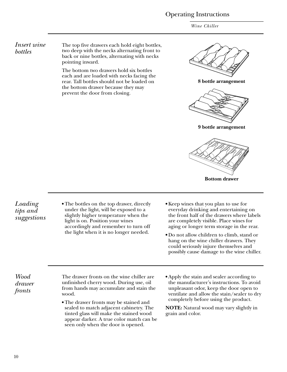 Operating instructions, Insert wine bottles, Loading tips and suggestions | Wood drawer fronts | GE ZDWC240 User Manual | Page 10 / 16