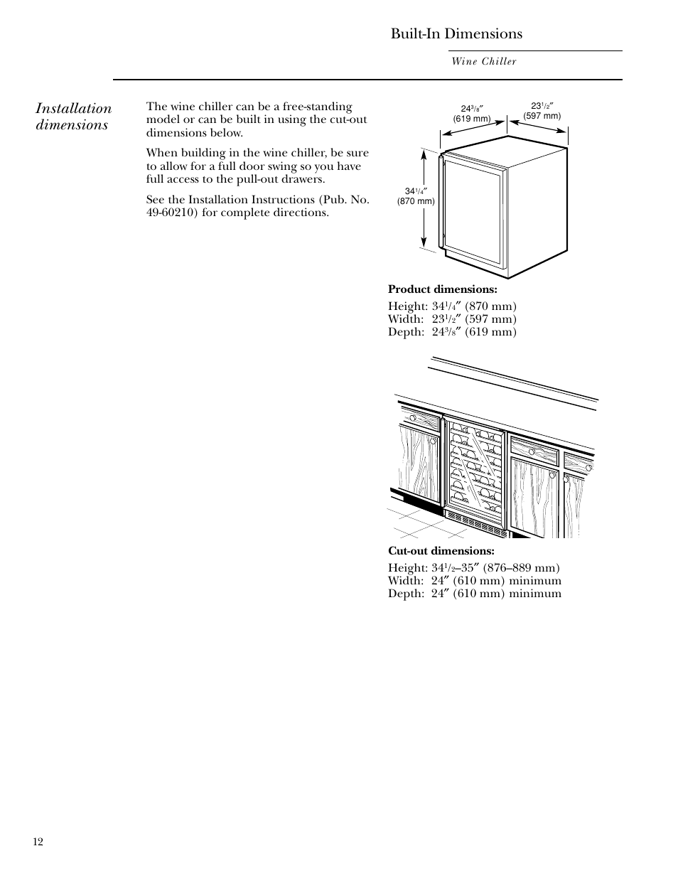 Built-in dimensions, Installation dimensions | GE ZDWC240 User Manual | Page 12 / 16