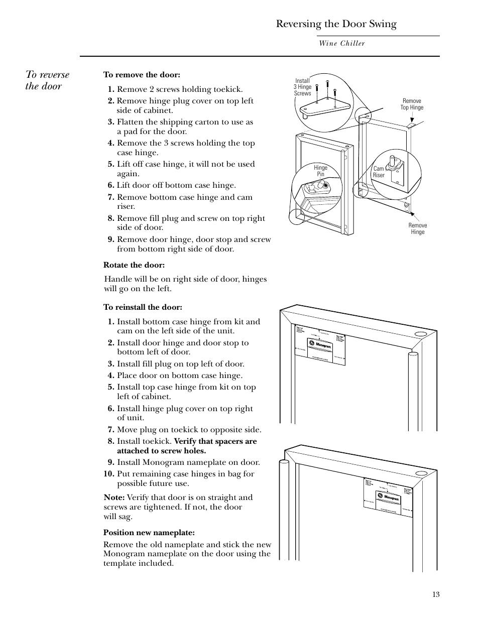 Reversing the door swing | GE ZDWC240 User Manual | Page 13 / 16