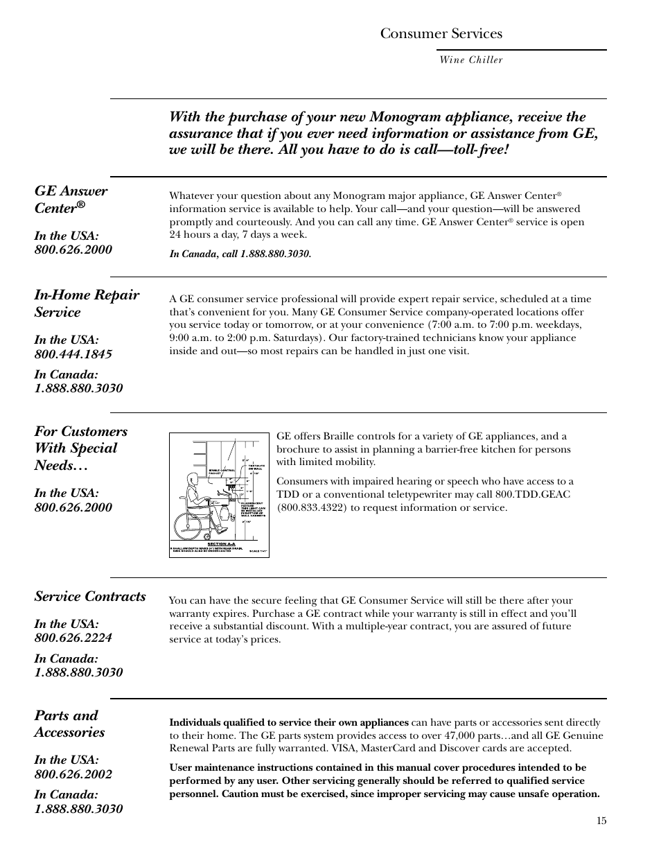 Consumer services, Repair service, Repair service , 15 | In-home repair service, Service contracts, Parts and accessories, For customers with special needs | GE ZDWC240 User Manual | Page 15 / 16