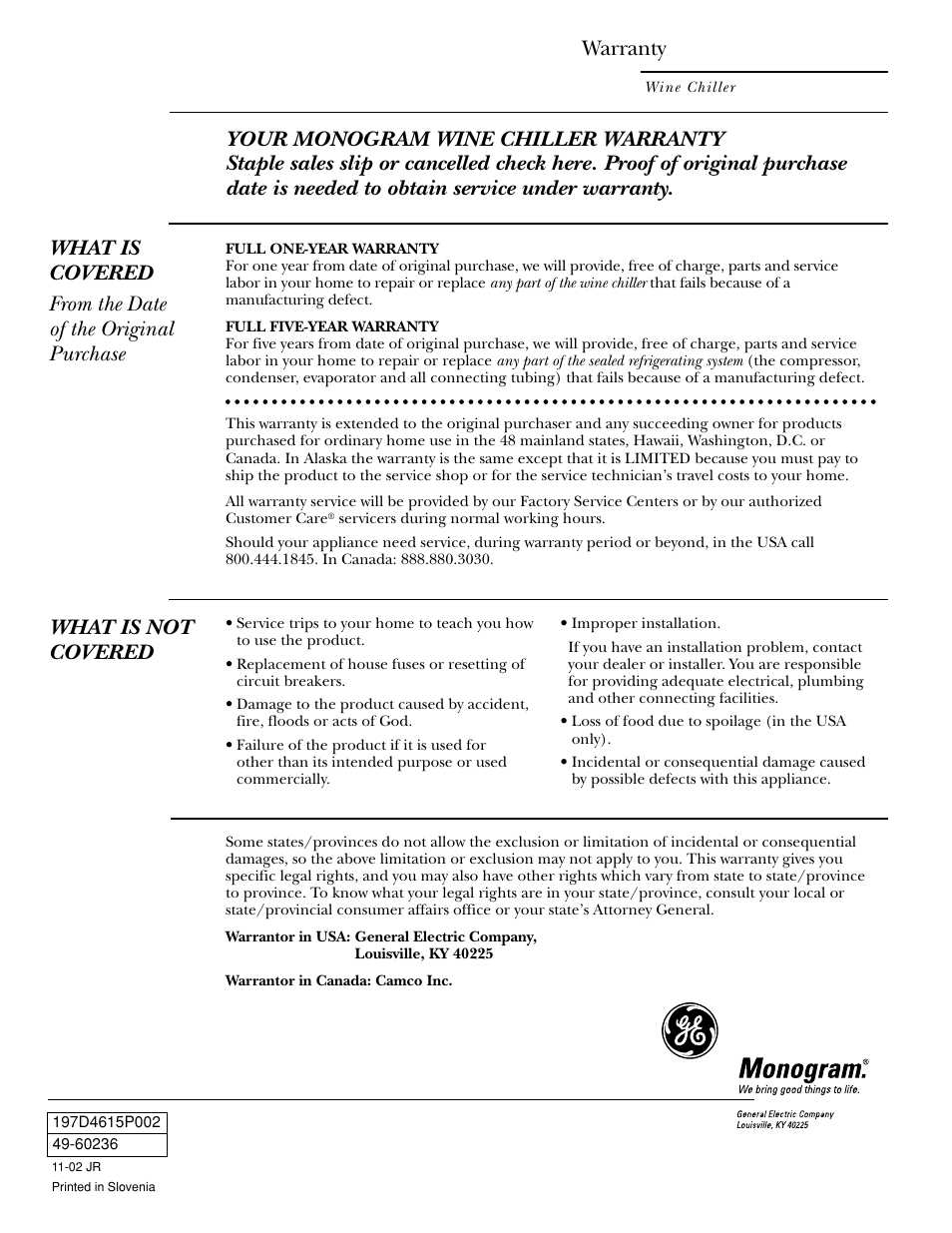 Warranty, What is not covered | GE ZDWC240 User Manual | Page 16 / 16