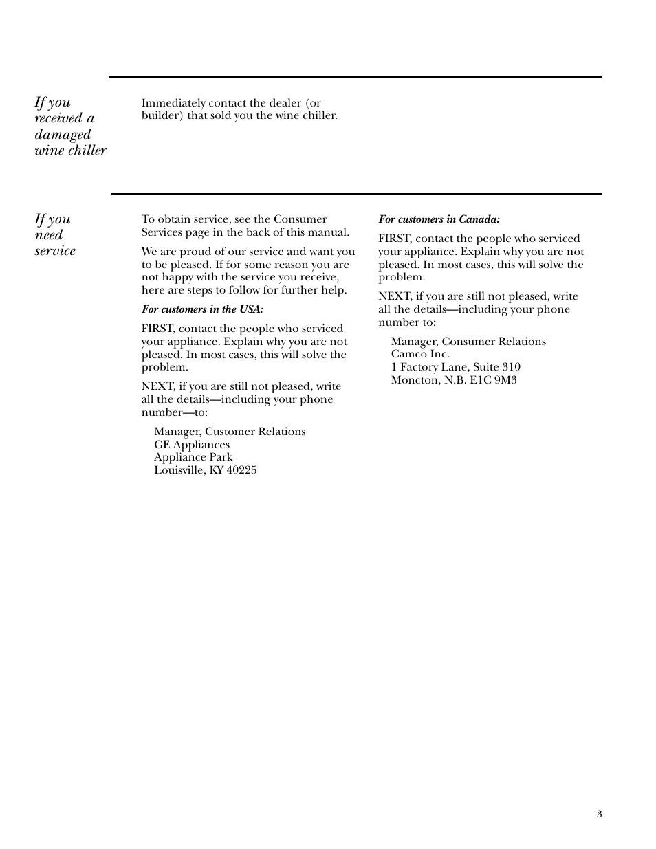 If you received a damaged wine chiller, If you need service | GE ZDWC240 User Manual | Page 3 / 16