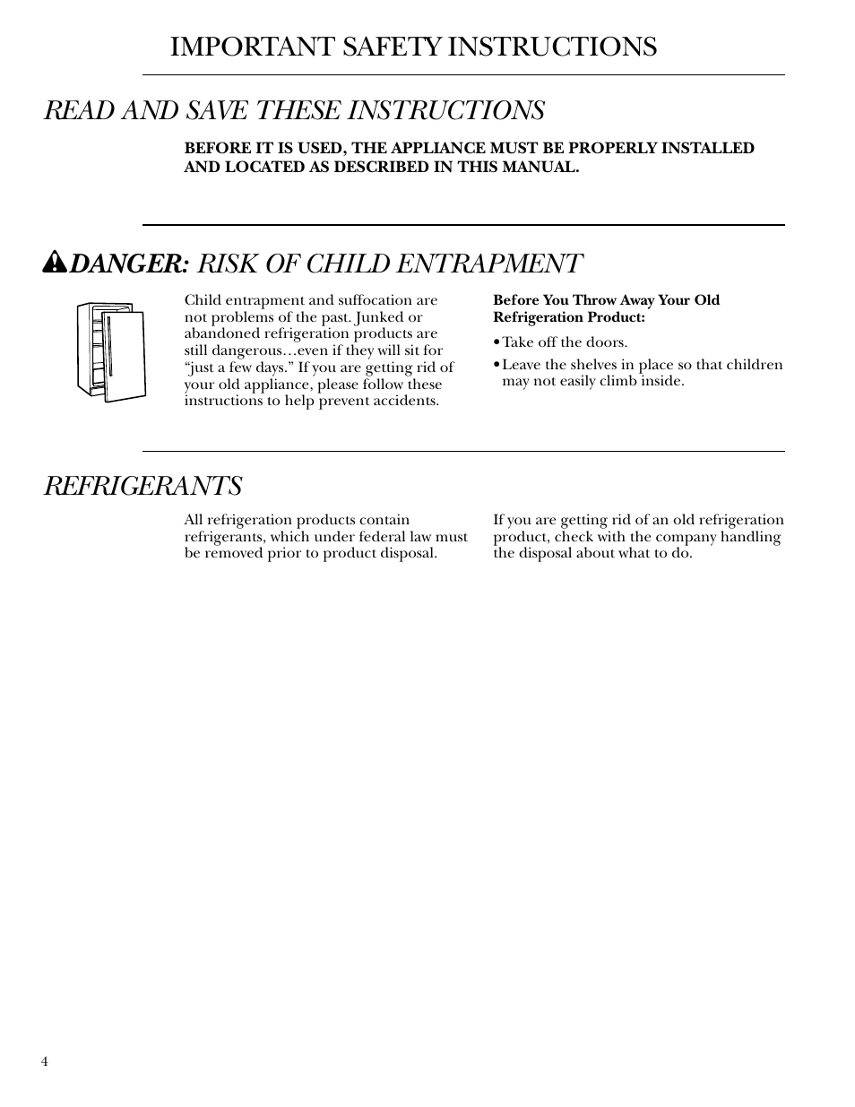 Safety instructions, Safety instructions –8, Refrigerants | W danger: risk of child entrapment | GE ZDWC240 User Manual | Page 4 / 16