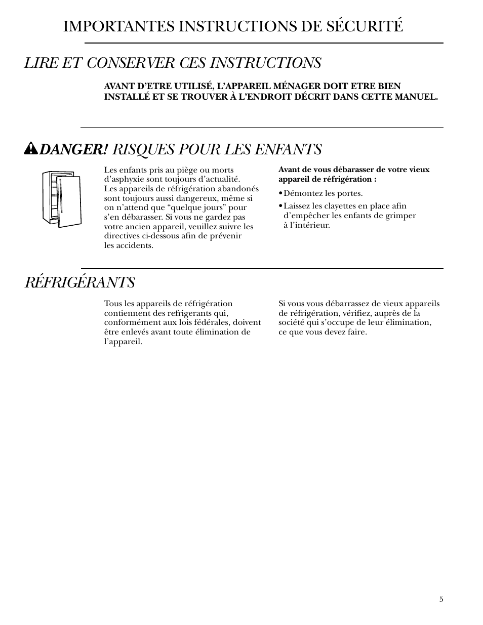 W danger! risques pour les enfants, Réfrigérants | GE ZDWC240 User Manual | Page 5 / 16