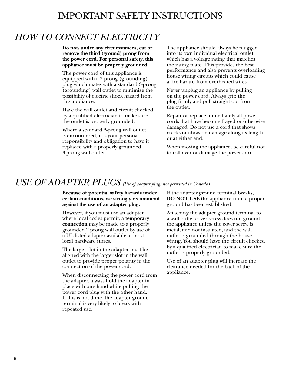 How to connect electricity, Use of adapter plugs, Important safety instructions | GE ZDWC240 User Manual | Page 6 / 16