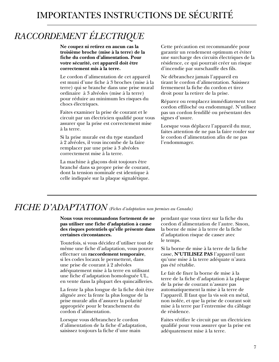 Raccordement électrique, Fiche d’adaptation, Importantes instructions de sécurité | GE ZDWC240 User Manual | Page 7 / 16