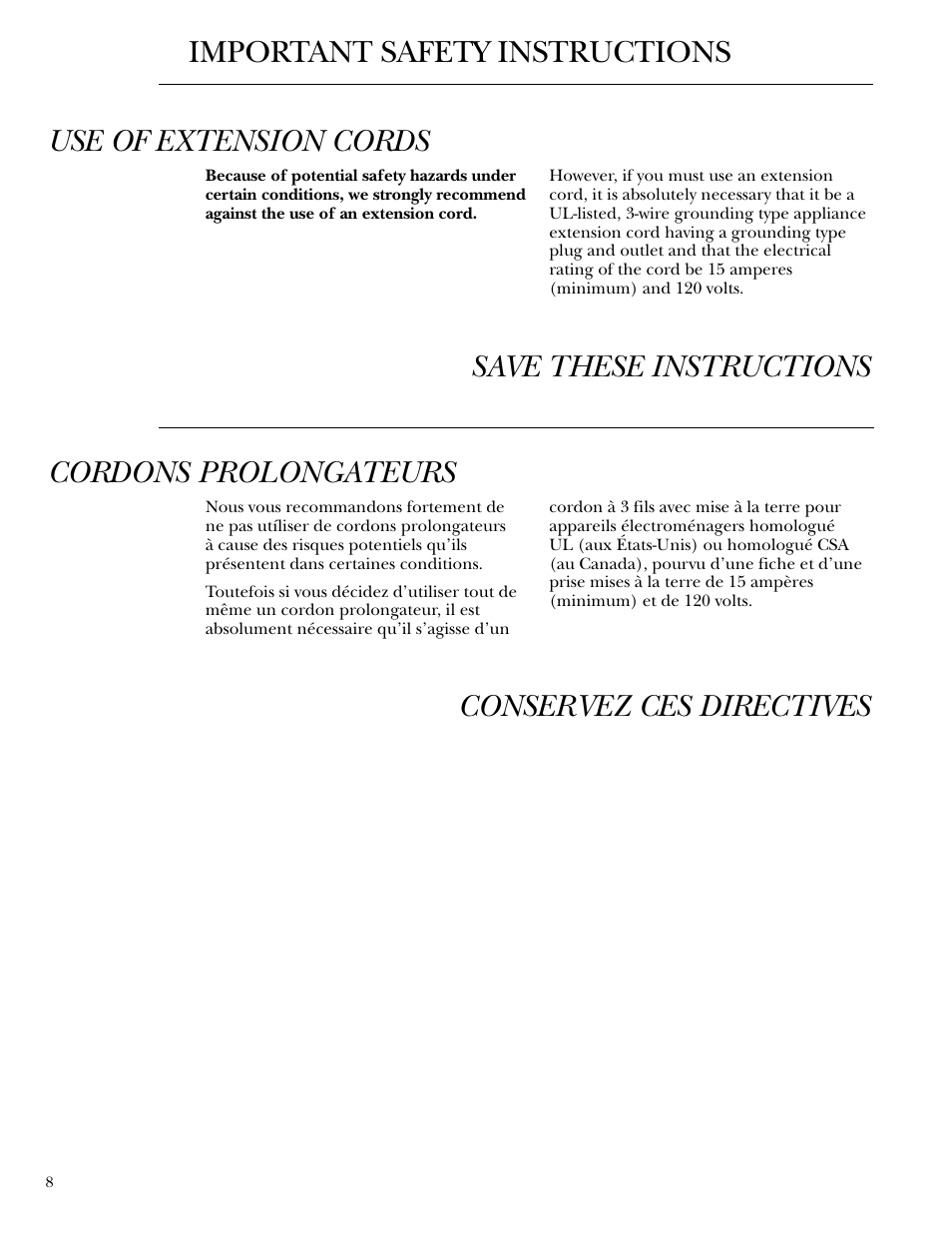 Use of extension cords, Important safety instructions | GE ZDWC240 User Manual | Page 8 / 16