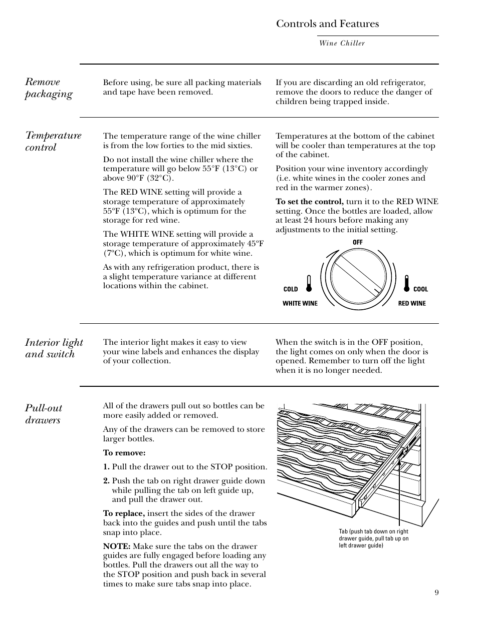 Controls and features, Remove packaging, Pull-out drawers | Interior light and switch, Temperature control | GE ZDWC240 User Manual | Page 9 / 16