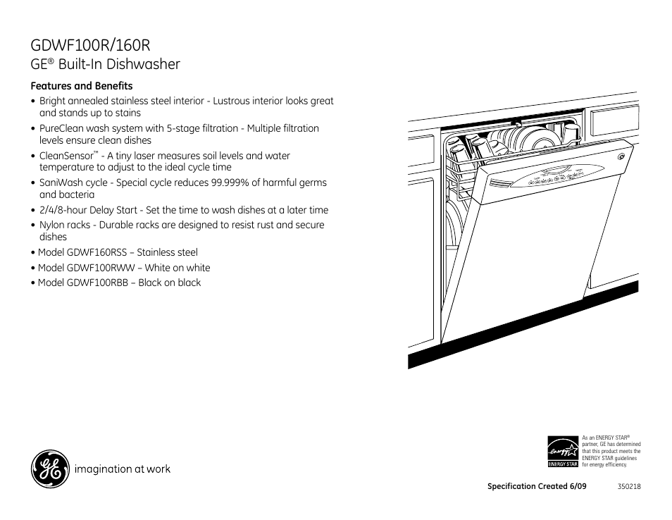 Built-in dishwasher, Gdwf100rww/bb | GE GDWF160R User Manual | Page 2 / 2