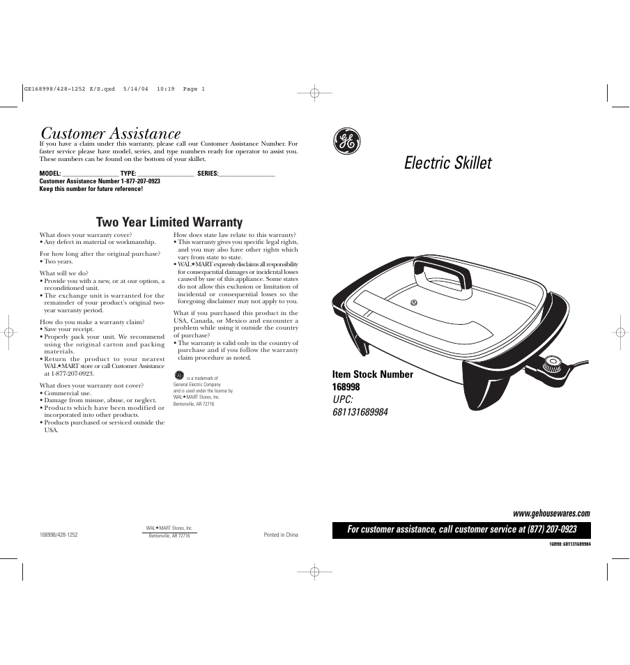 GE 168998 User Manual | 6 pages