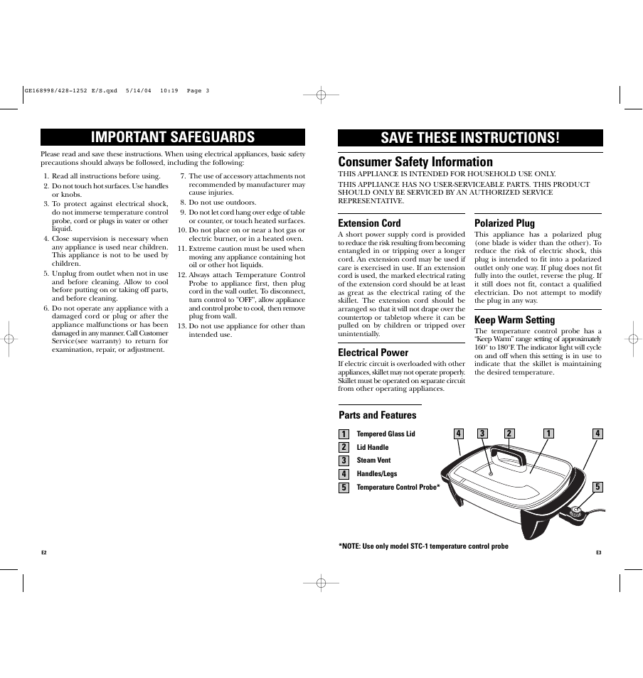 Important safeguards save these instructions, Consumer safety information | GE 168998 User Manual | Page 2 / 6