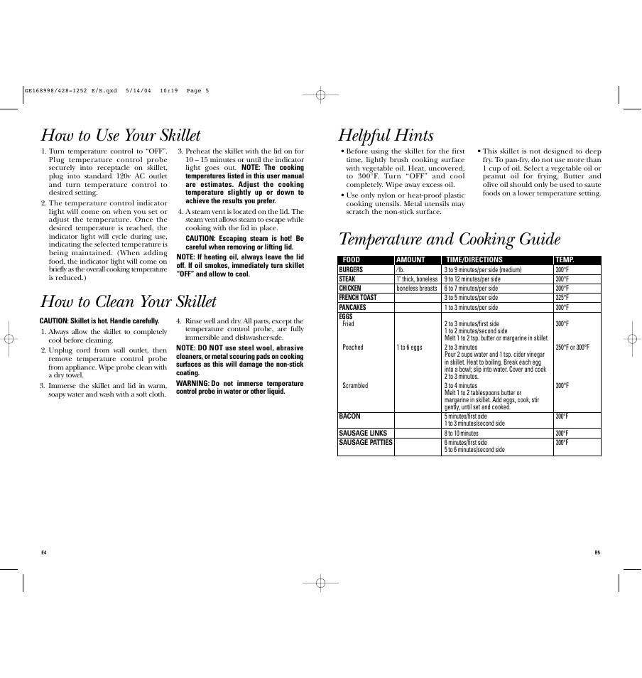 How to use your skillet, Helpful hints, Temperature and cooking guide | How to clean your skillet | GE 168998 User Manual | Page 3 / 6