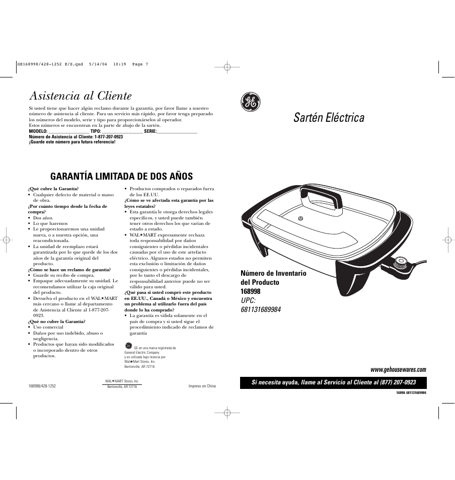 Sartén eléctrica, Asistencia al cliente, Garantía limitada de dos años | GE 168998 User Manual | Page 4 / 6