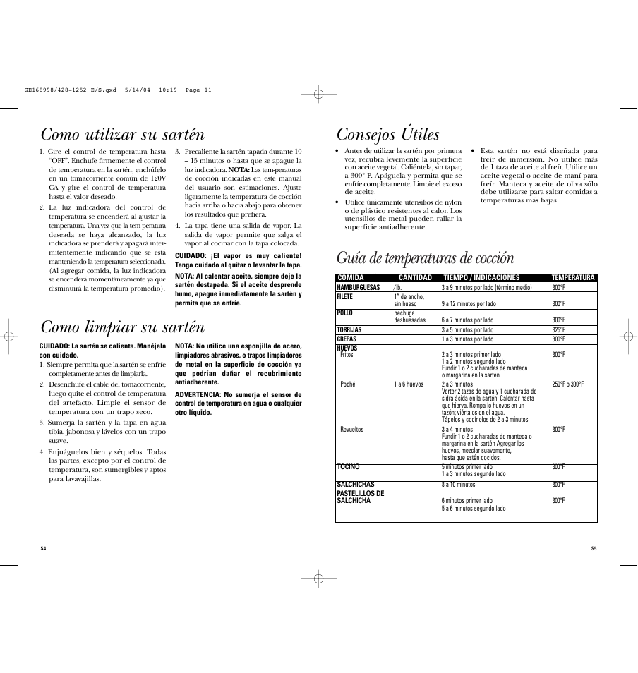 Guía de temperaturas de cocción, Consejos útiles, Como limpiar su sartén | Como utilizar su sartén | GE 168998 User Manual | Page 6 / 6