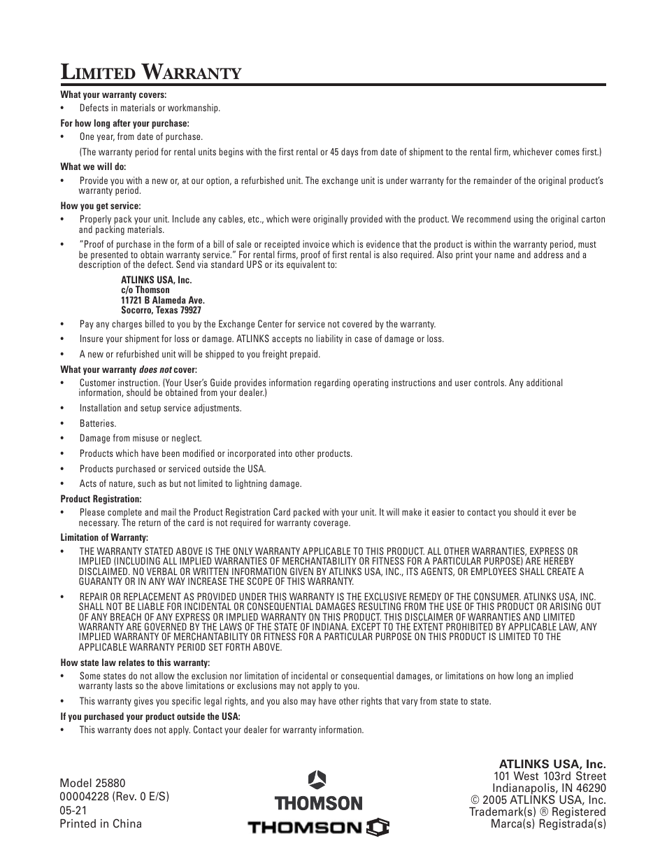 Imited, Arranty | GE 25880 User Manual | Page 50 / 50