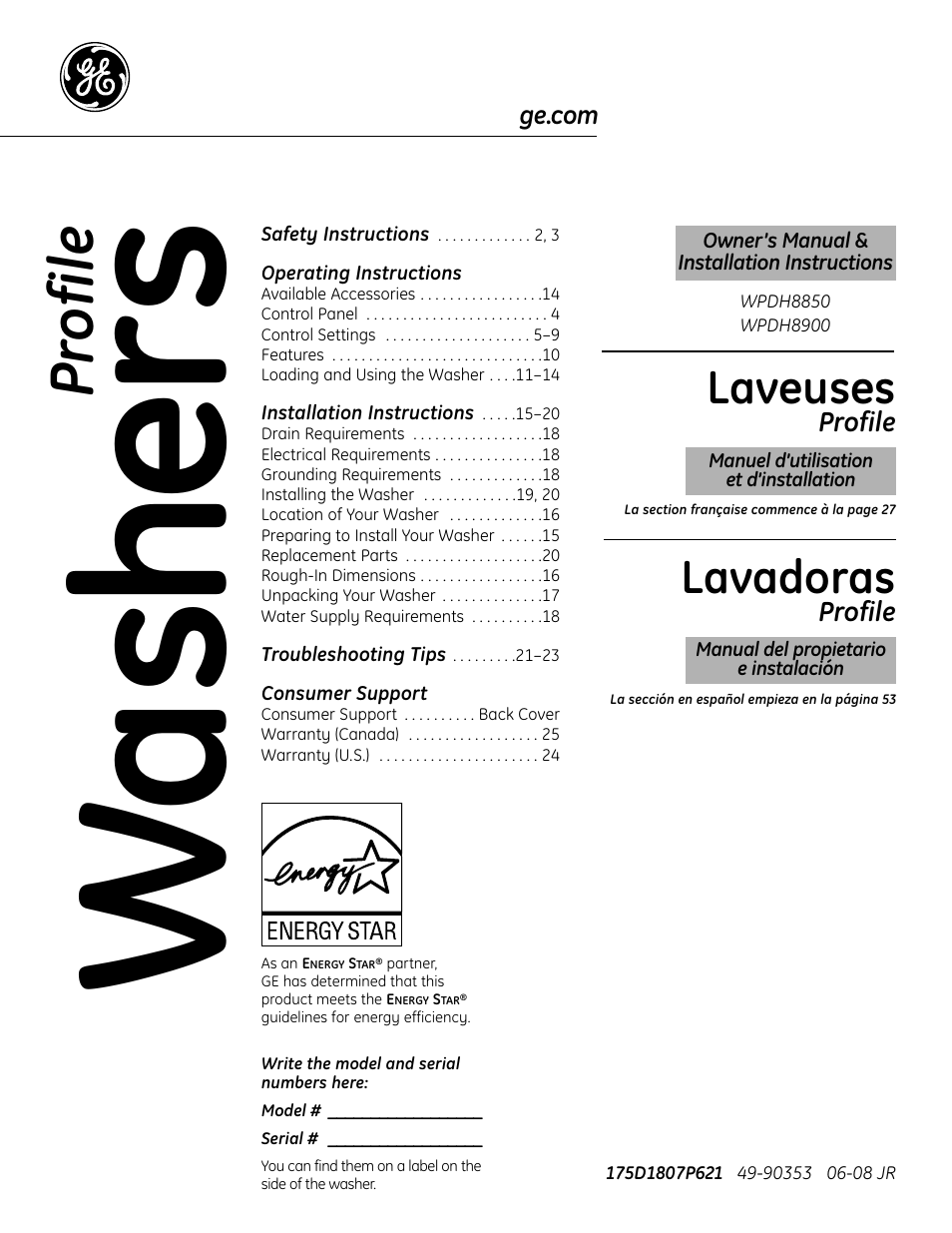 GE Profile Washers WPDH8900 User Manual | 80 pages
