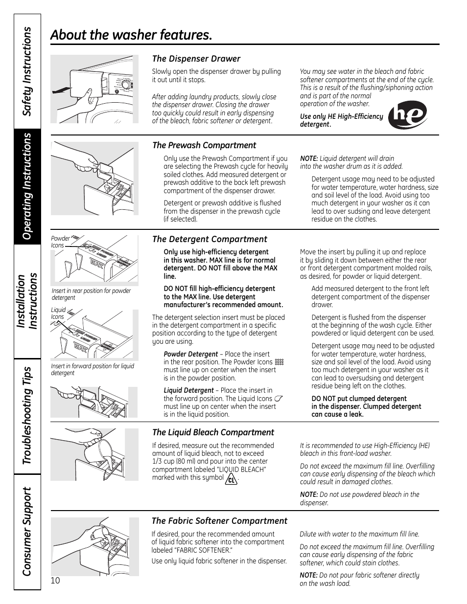 About the washer features | GE Profile Washers WPDH8900 User Manual | Page 10 / 80