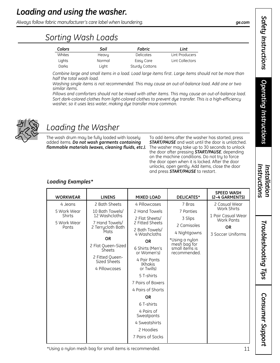 Loading and using the washer, Sorting wash loads loading the washer | GE Profile Washers WPDH8900 User Manual | Page 11 / 80