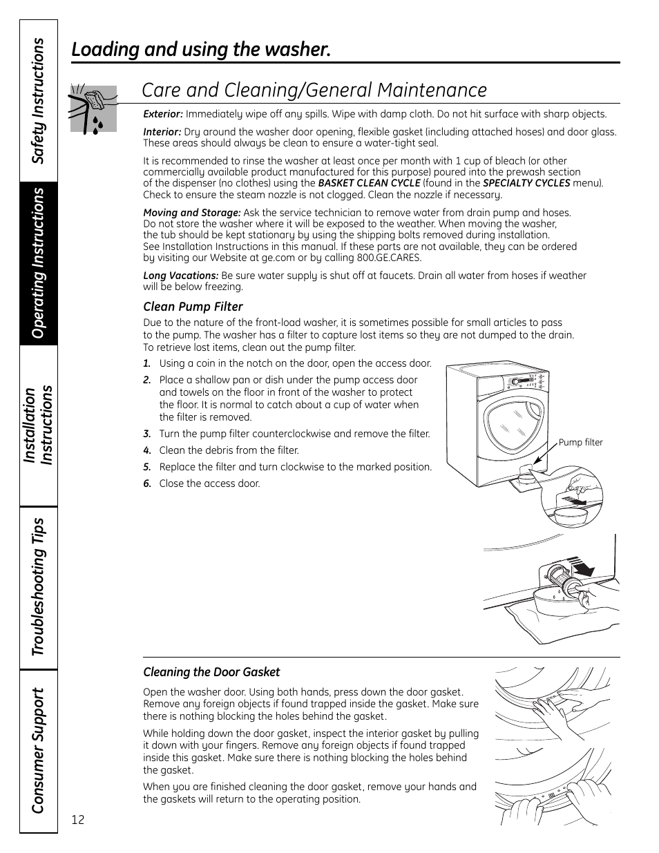 Care and cleaning/general maintenance, Loading and using the washer | GE Profile Washers WPDH8900 User Manual | Page 12 / 80