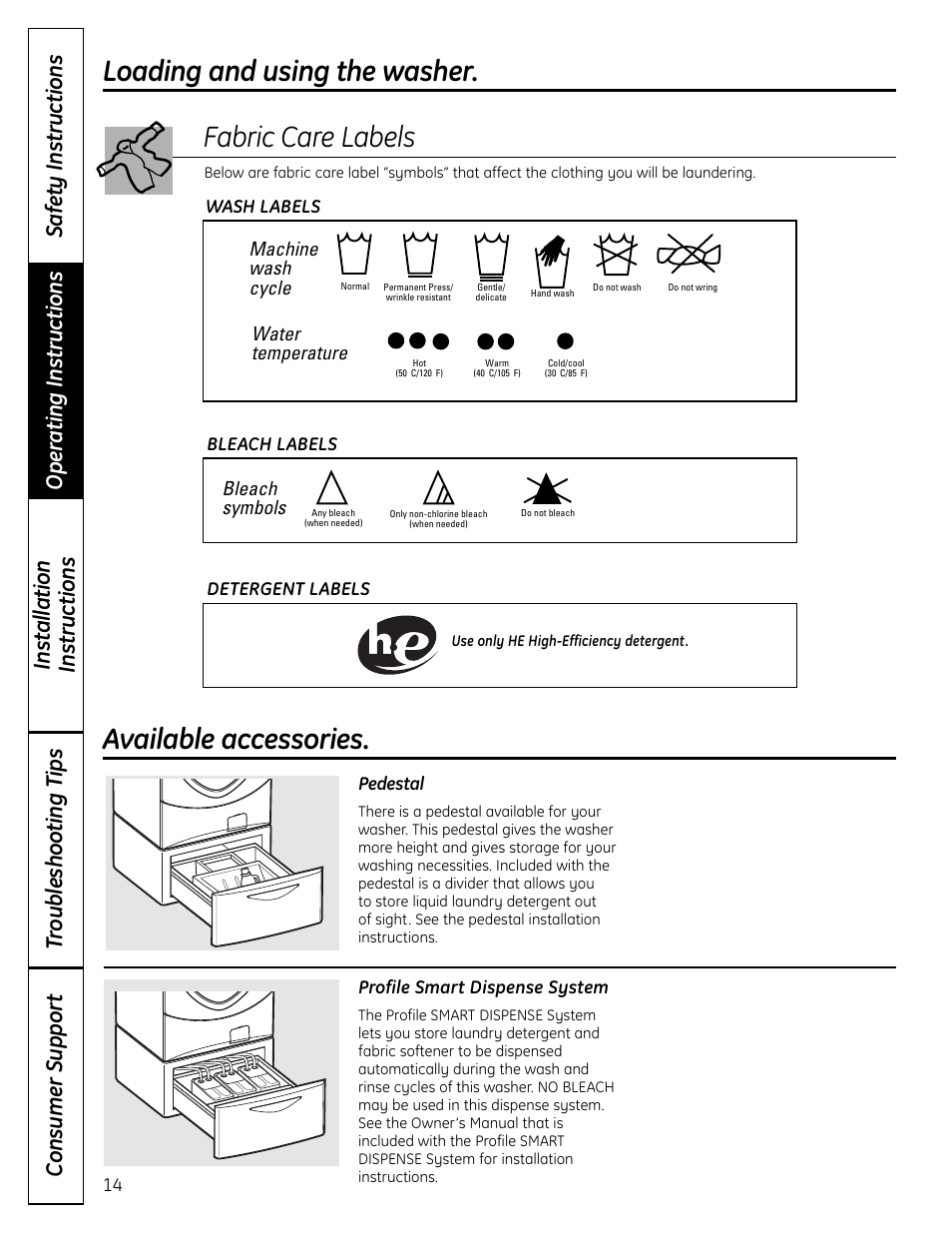 Loading and using the washer. fabric care labels, Available accessories, Machine wash cycle | Water temperature, Bleach symbols | GE Profile Washers WPDH8900 User Manual | Page 14 / 80
