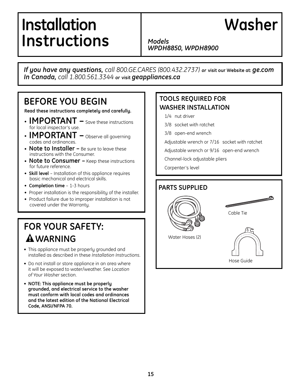 Installation washer instructions, Before you begin, For your safety | Important, Warning | GE Profile Washers WPDH8900 User Manual | Page 15 / 80