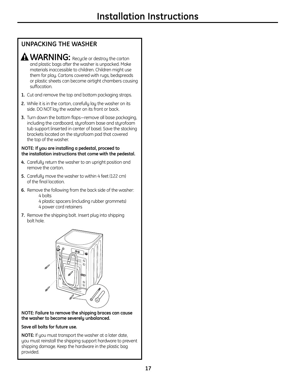 Installation instructions, Warning, Unpacking the washer | GE Profile Washers WPDH8900 User Manual | Page 17 / 80