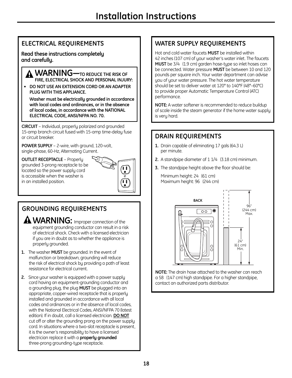 Installation instructions, Warning, Electrical requirements | Grounding requirements water supply requirements, Drain requirements | GE Profile Washers WPDH8900 User Manual | Page 18 / 80