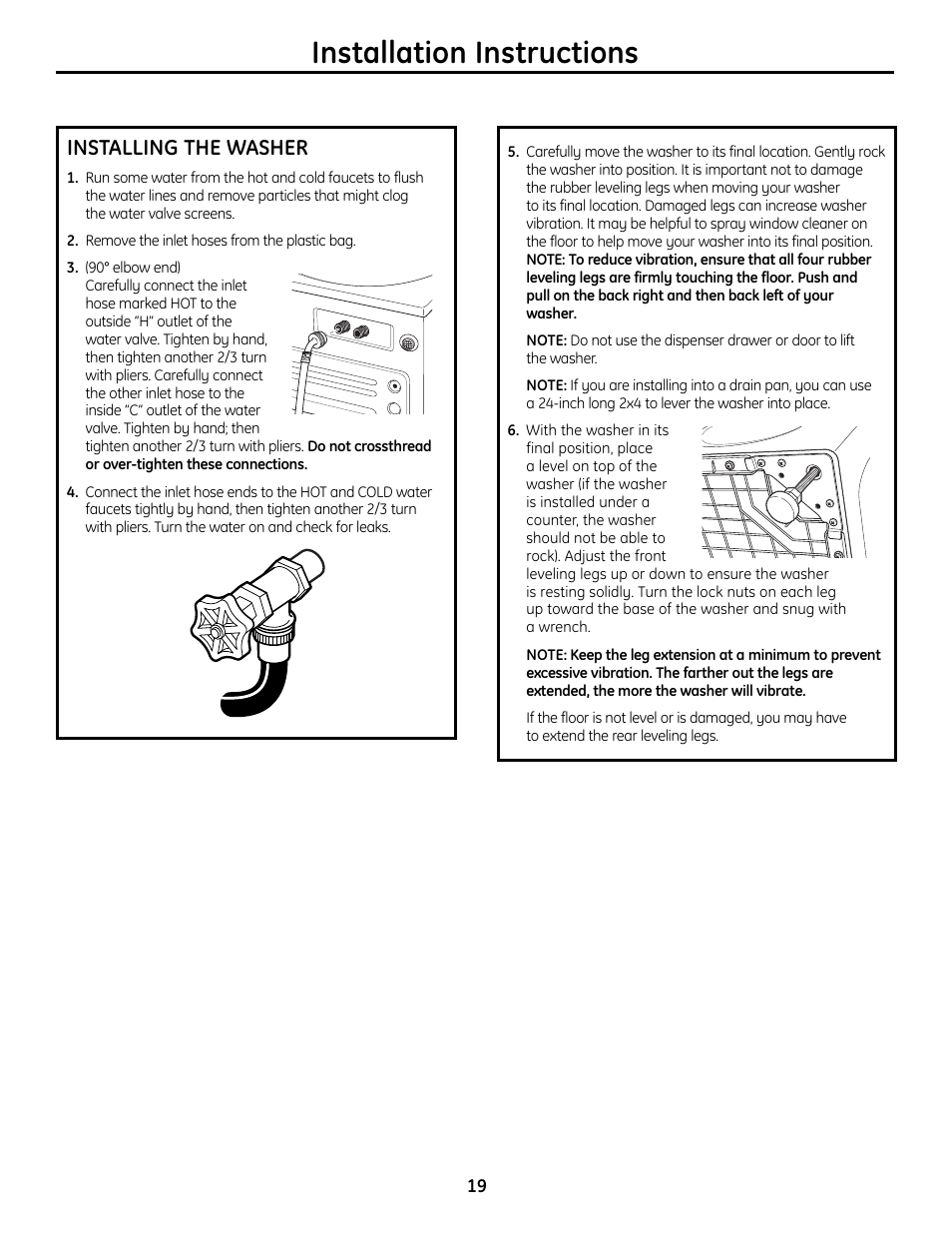 Installation instructions, Installing the washer | GE Profile Washers WPDH8900 User Manual | Page 19 / 80