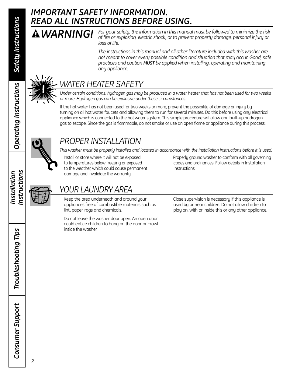 Warning, Water heater safety, Proper installation | Your laundry area | GE Profile Washers WPDH8900 User Manual | Page 2 / 80