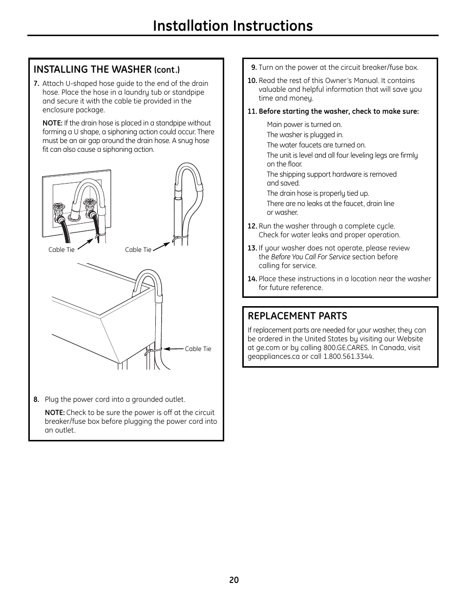 Installation instructions, Installing the washer, Replacement parts | GE Profile Washers WPDH8900 User Manual | Page 20 / 80