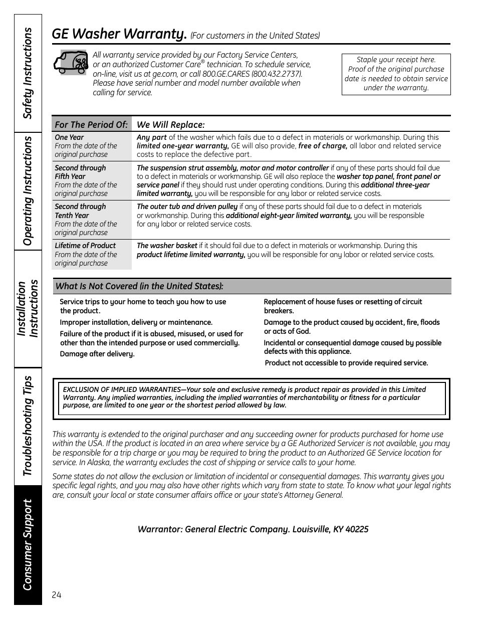 Ge washer warranty | GE Profile Washers WPDH8900 User Manual | Page 24 / 80