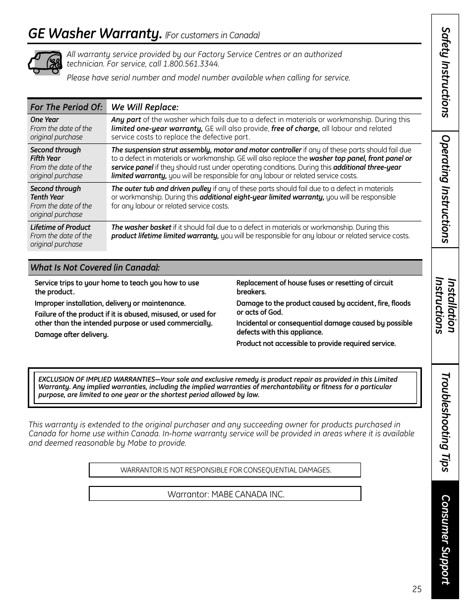 Ge washer warranty | GE Profile Washers WPDH8900 User Manual | Page 25 / 80