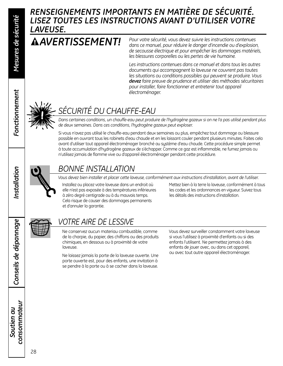 Avertissement, Sécurité du chauffe-eau, Bonne installation | Votre aire de lessive | GE Profile Washers WPDH8900 User Manual | Page 28 / 80