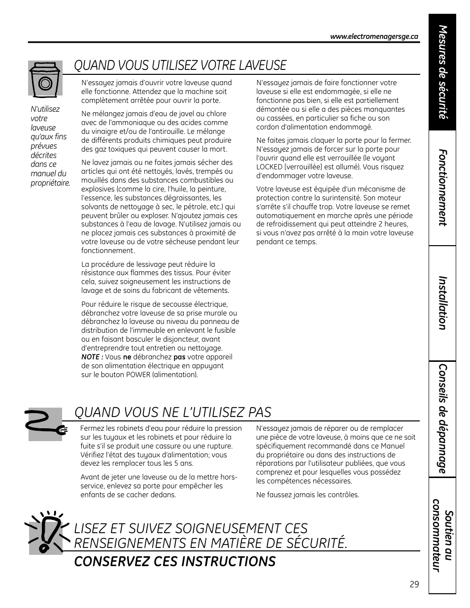 Quand vous utilisez votre laveuse | GE Profile Washers WPDH8900 User Manual | Page 29 / 80