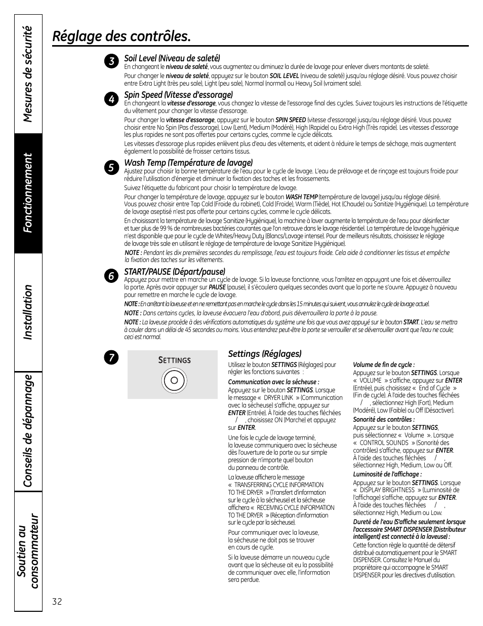 Réglage des contrôles | GE Profile Washers WPDH8900 User Manual | Page 32 / 80