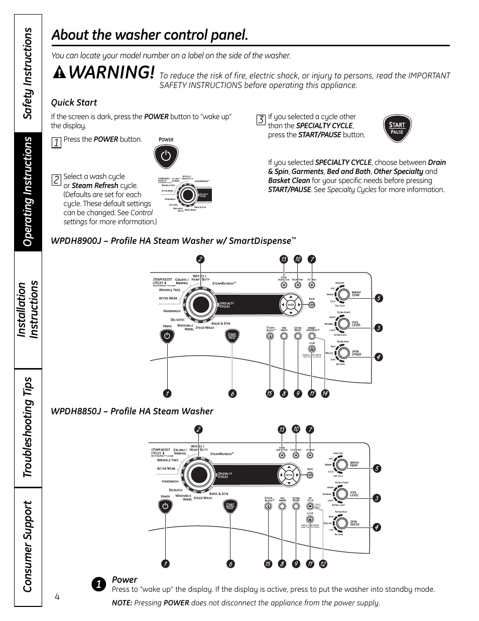 Warning, About the washer control panel | GE Profile Washers WPDH8900 User Manual | Page 4 / 80