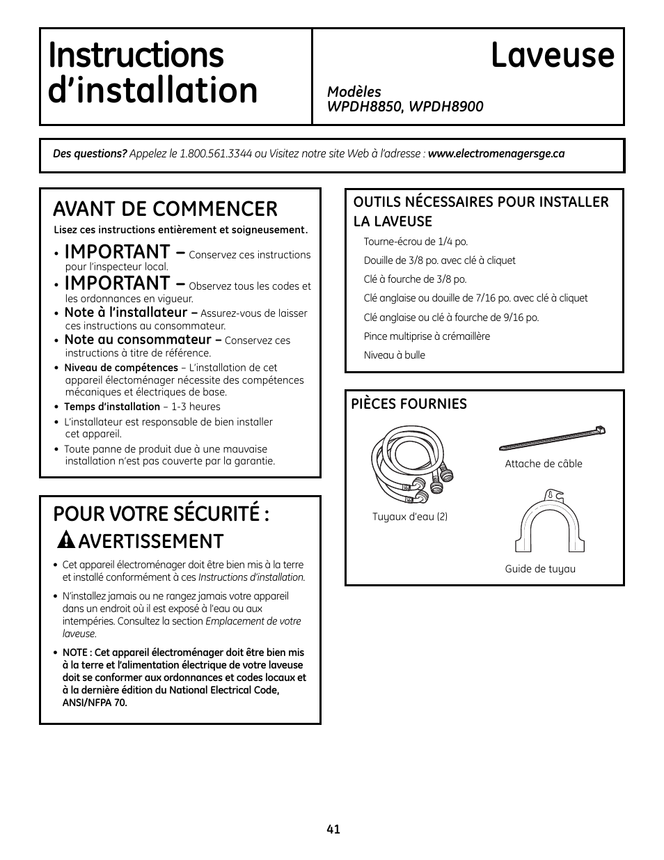 Instructions laveuse d’installation, Avant de commencer, Pour votre sécurité | Important, Avertissement | GE Profile Washers WPDH8900 User Manual | Page 41 / 80