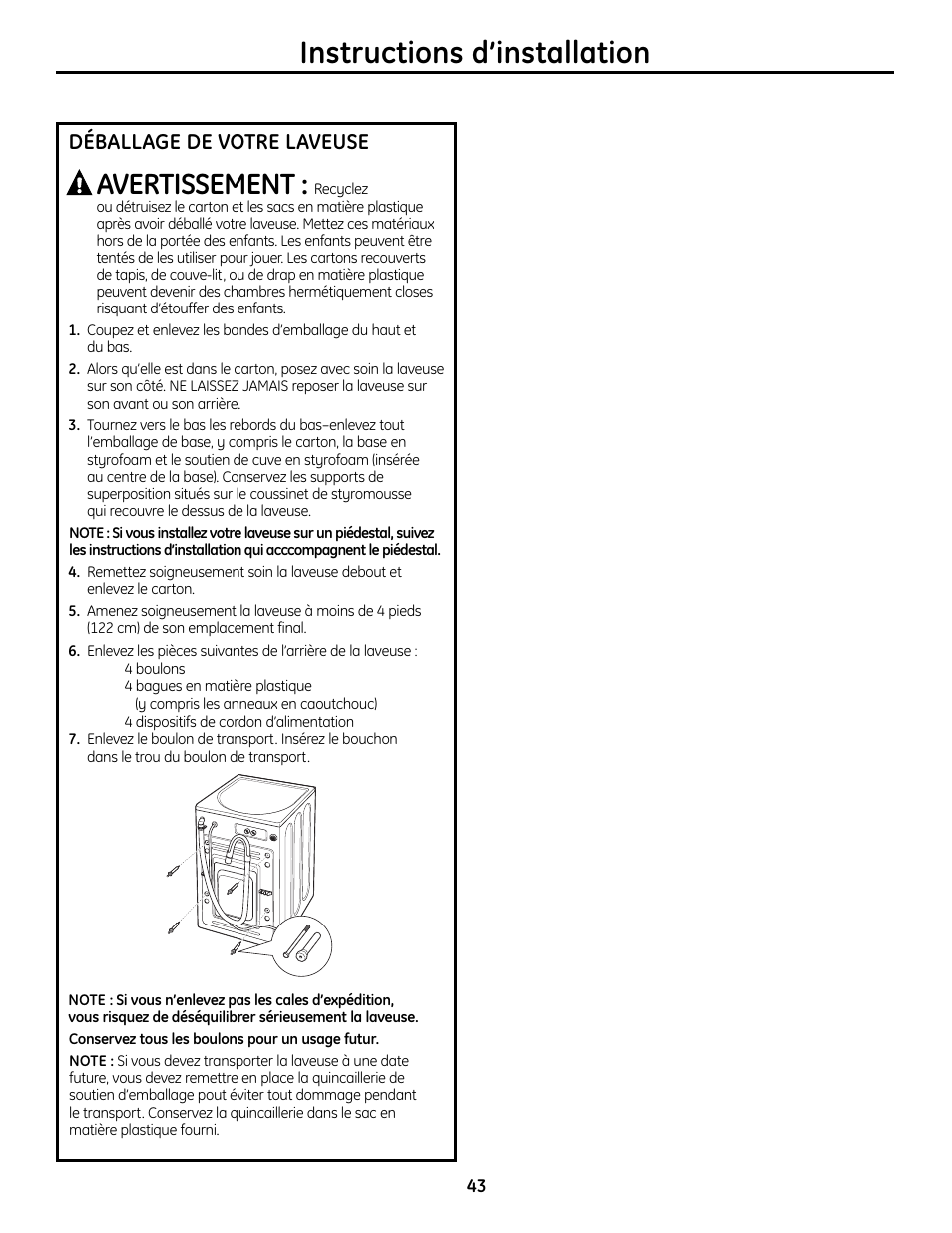 Instructions d’installation, Avertissement, Déballage de votre laveuse | GE Profile Washers WPDH8900 User Manual | Page 43 / 80