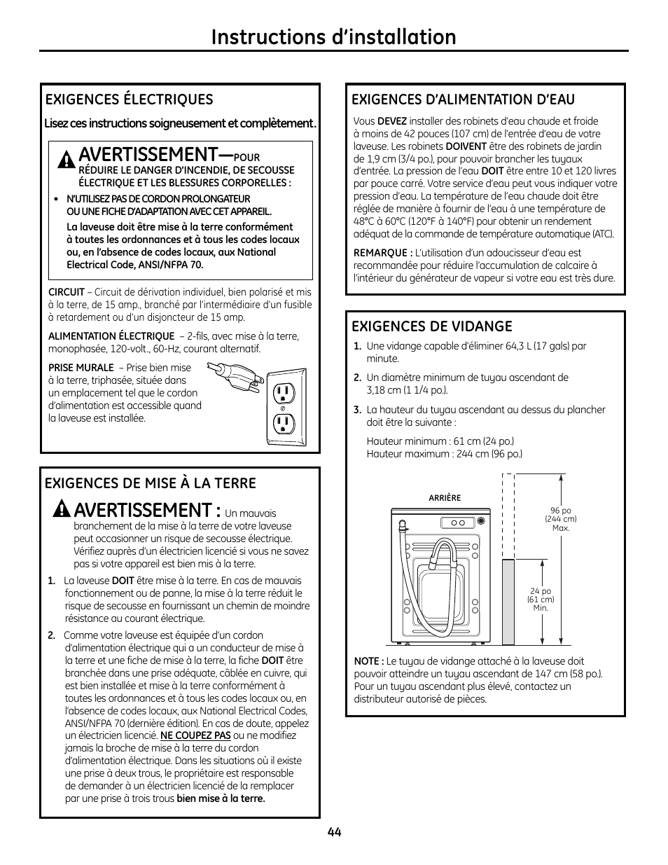 Instructions d’installation, Avertissement, Exigences électriques | Exigences de vidange | GE Profile Washers WPDH8900 User Manual | Page 44 / 80