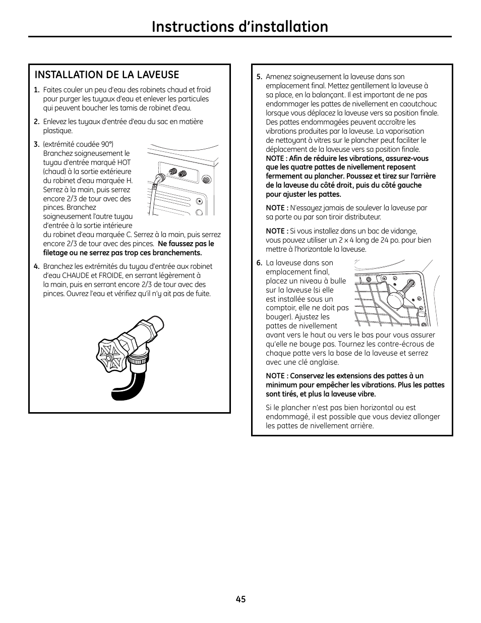 Instructions d’installation, Installation de la laveuse | GE Profile Washers WPDH8900 User Manual | Page 45 / 80