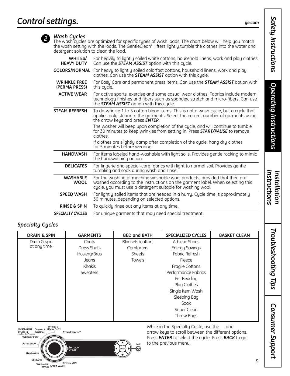 Control settings | GE Profile Washers WPDH8900 User Manual | Page 5 / 80