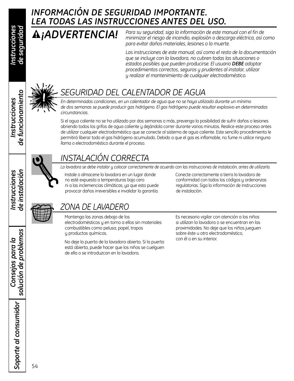 Advertencia, Seguridad del calentador de agua, Instalación correcta | Zona de lavadero | GE Profile Washers WPDH8900 User Manual | Page 54 / 80