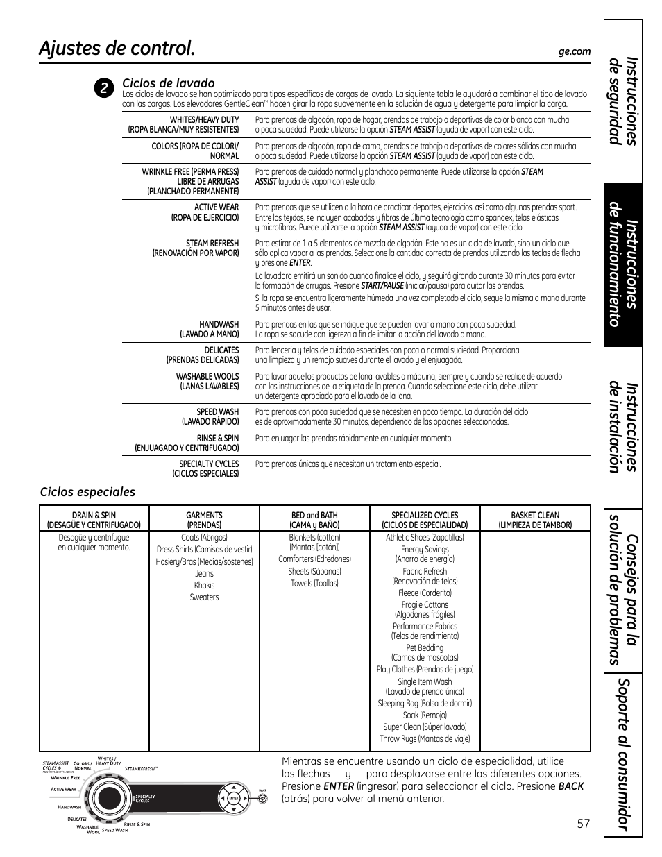 Ajustes de control | GE Profile Washers WPDH8900 User Manual | Page 57 / 80