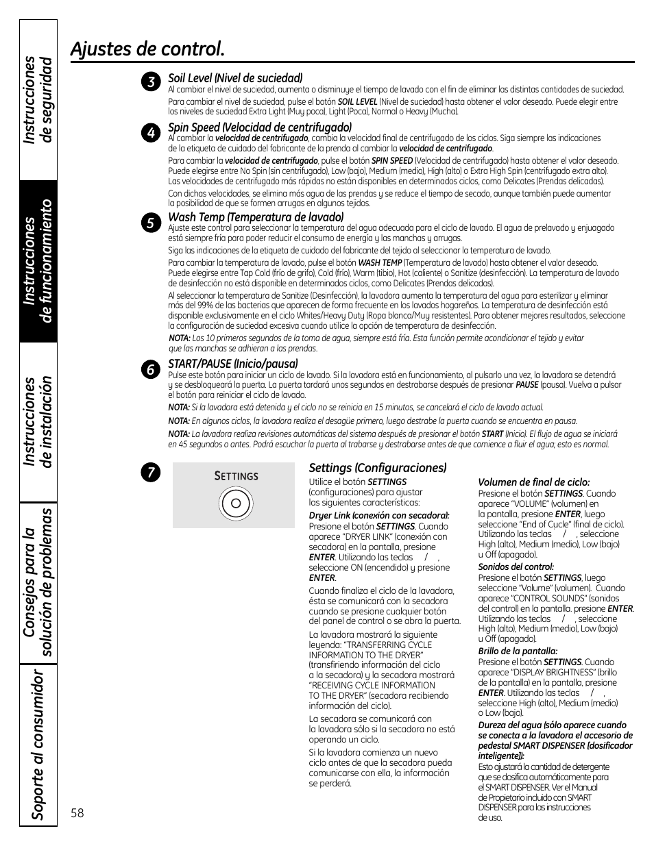 Ajustes de control | GE Profile Washers WPDH8900 User Manual | Page 58 / 80